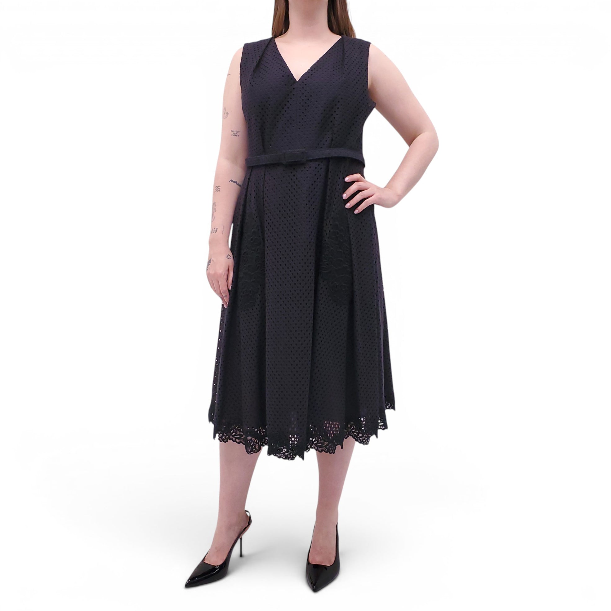 ERDEM BLACK EYELET DRESS WITH BELT DETAIL - SIZE 12