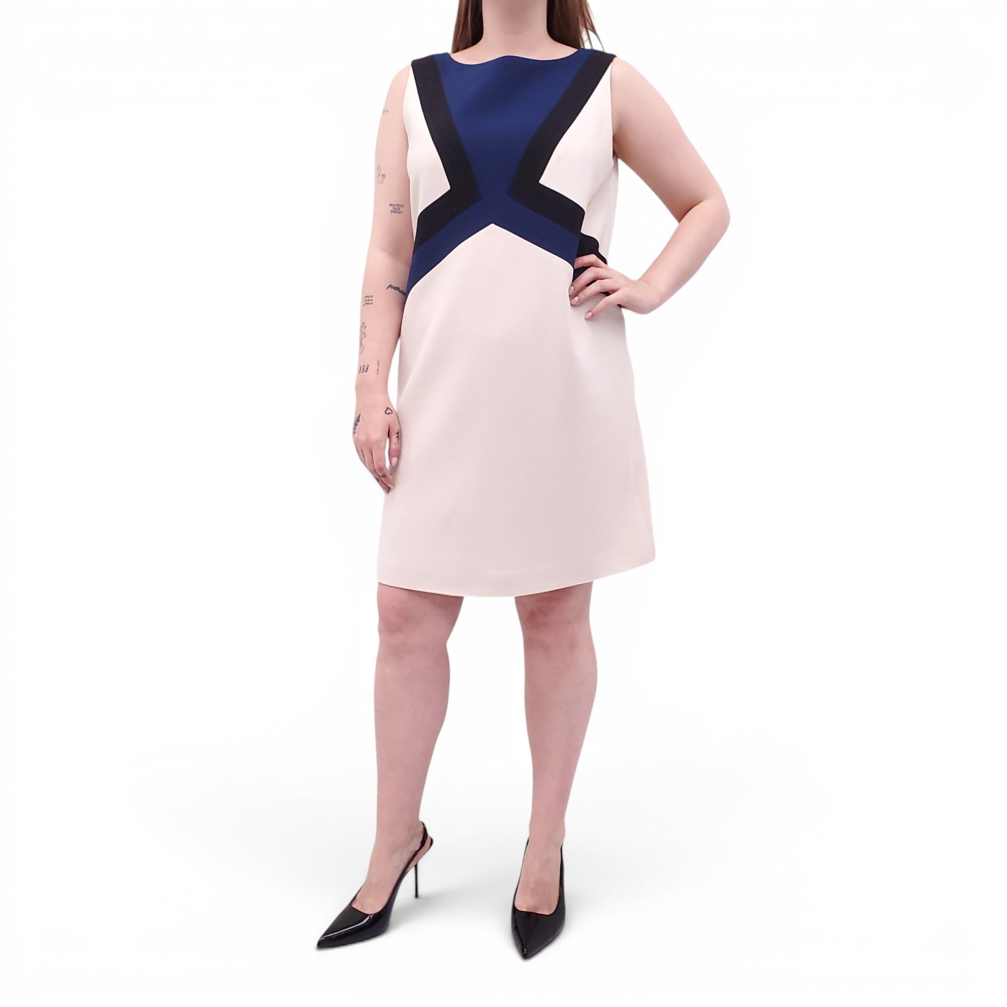 EMILIO PUCCI CREAM, BLUE AND BLACK DRESS - SIZE 14