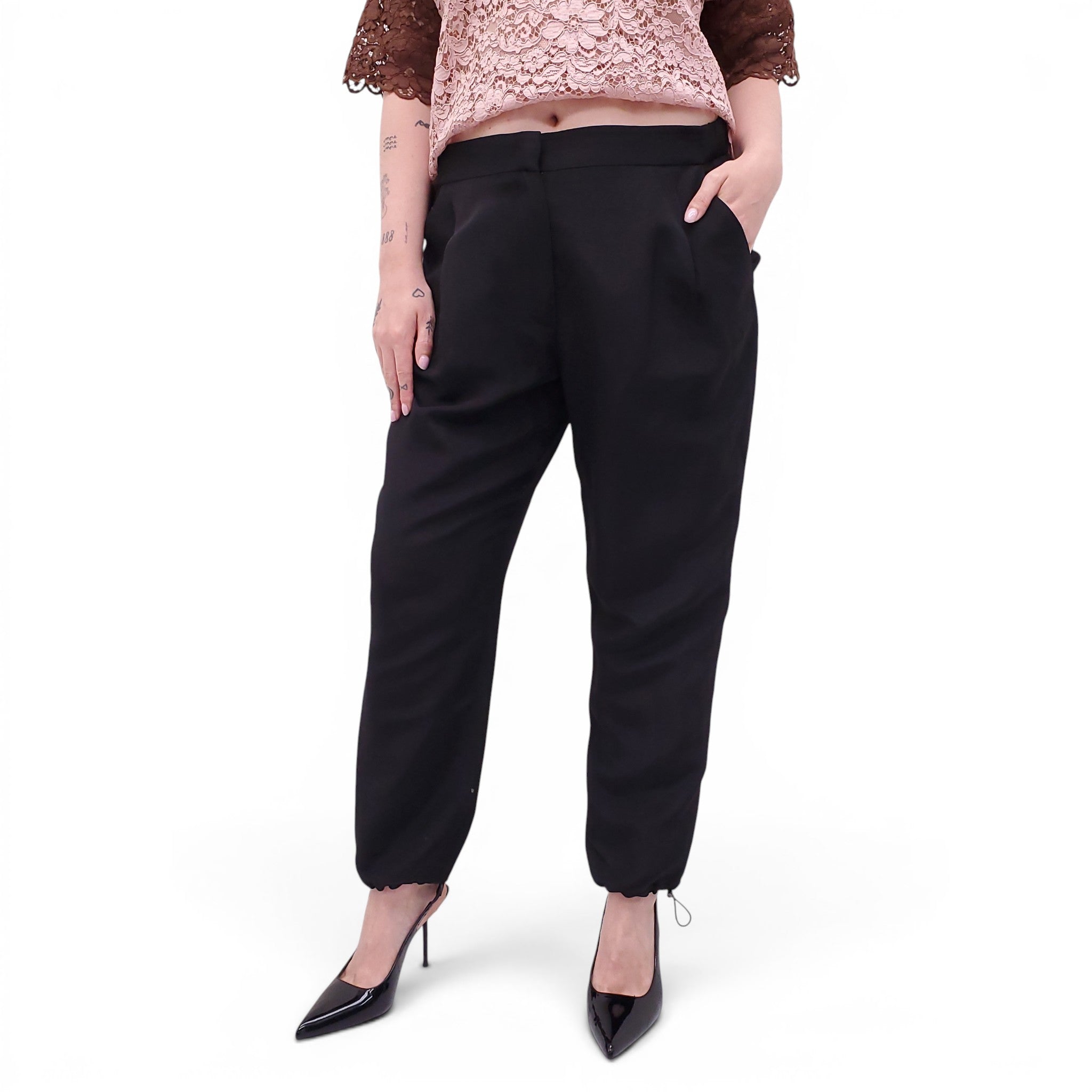 FABIANA FILIPPI BLACK TROUSERS WITH ELASTIC DETAIL AT BOTTOM - SIZE 46