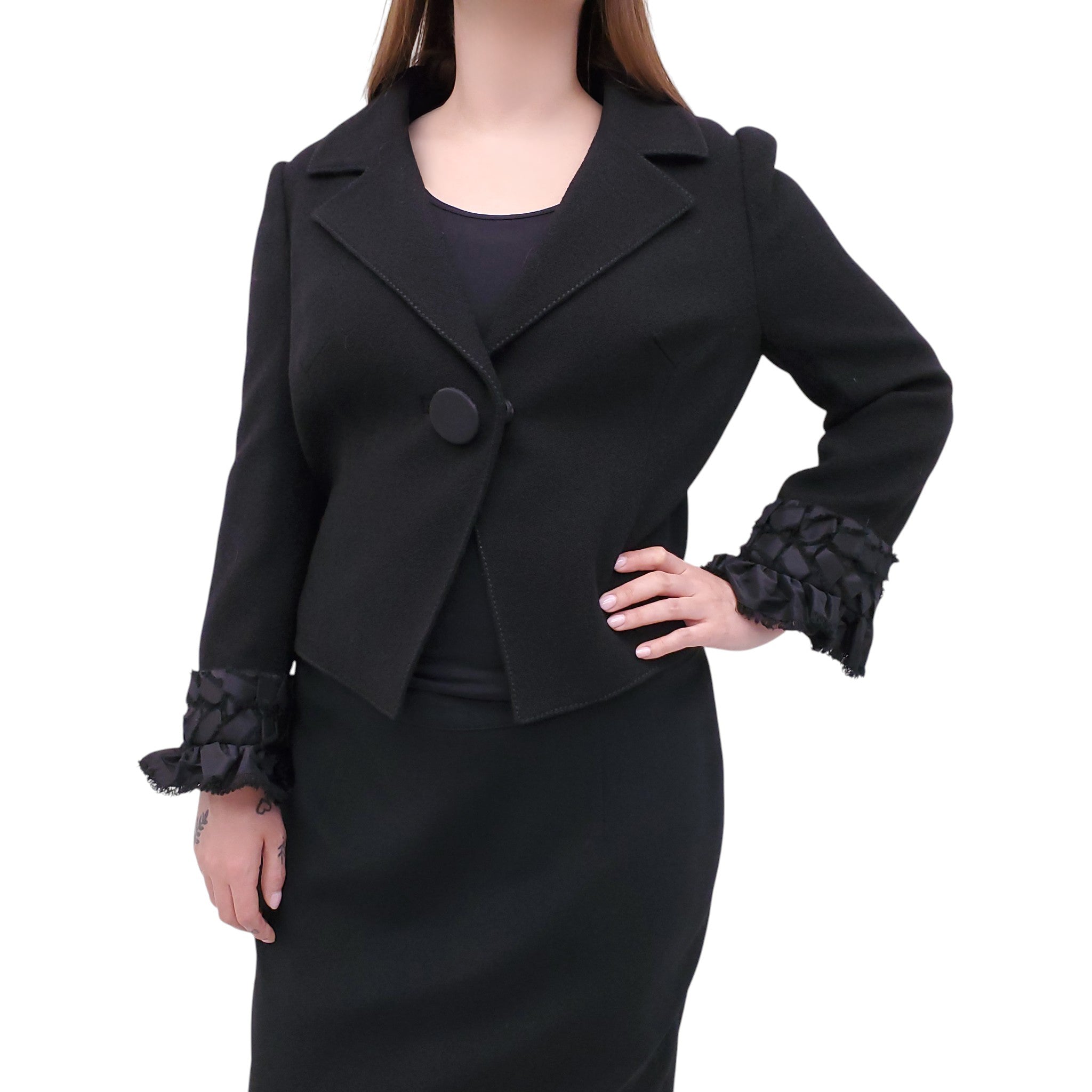 ANDREW GN BLACK JACKET WITH RUFFLE SLEEVE DETAIL - SIZE 44