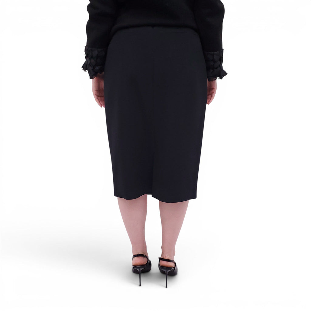 ANDREW GN BLACK SKIRT SUIT WITH FLORAL EYELET COLLAR AND CRYSTAL EMBLEM DETAILS - SIZE 46