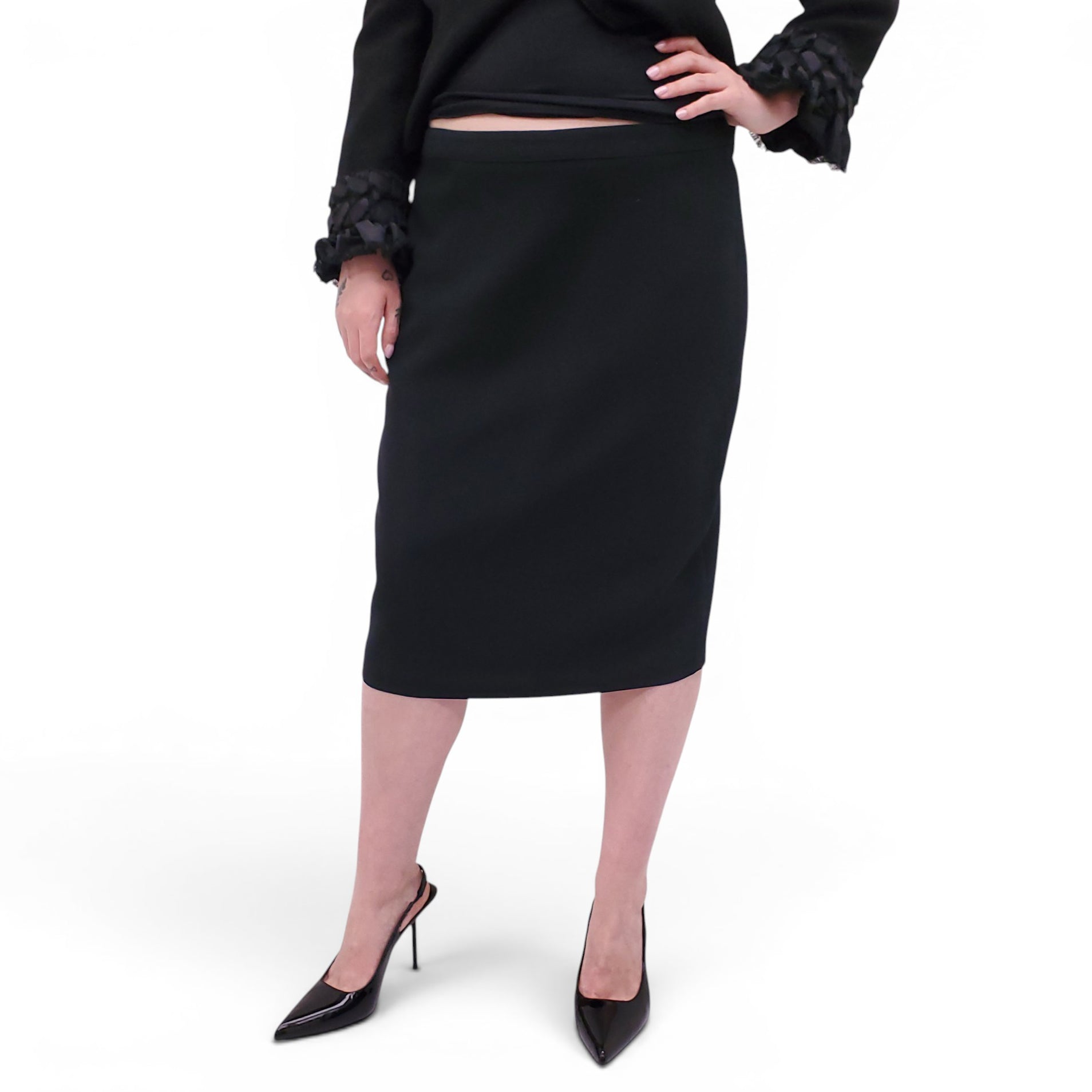 ANDREW GN BLACK SKIRT SUIT WITH FLORAL EYELET COLLAR AND CRYSTAL EMBLEM DETAILS - SIZE 46
