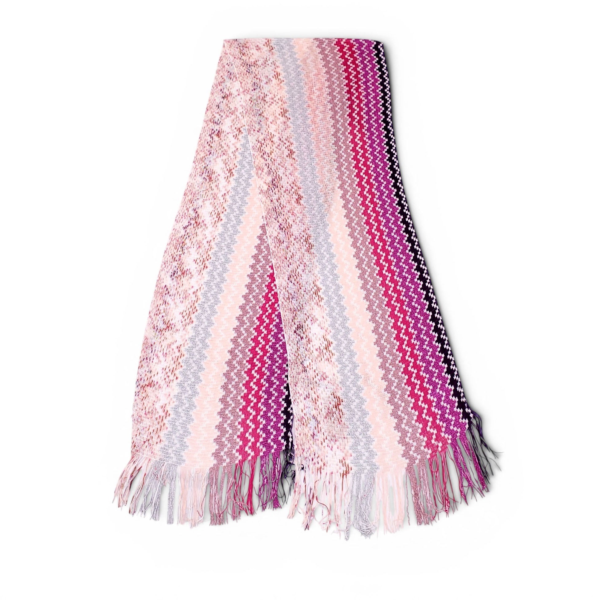 MISSONI METALLIC SILVER, PINK AND PURPLE CHEVRON FRINGE SCARF