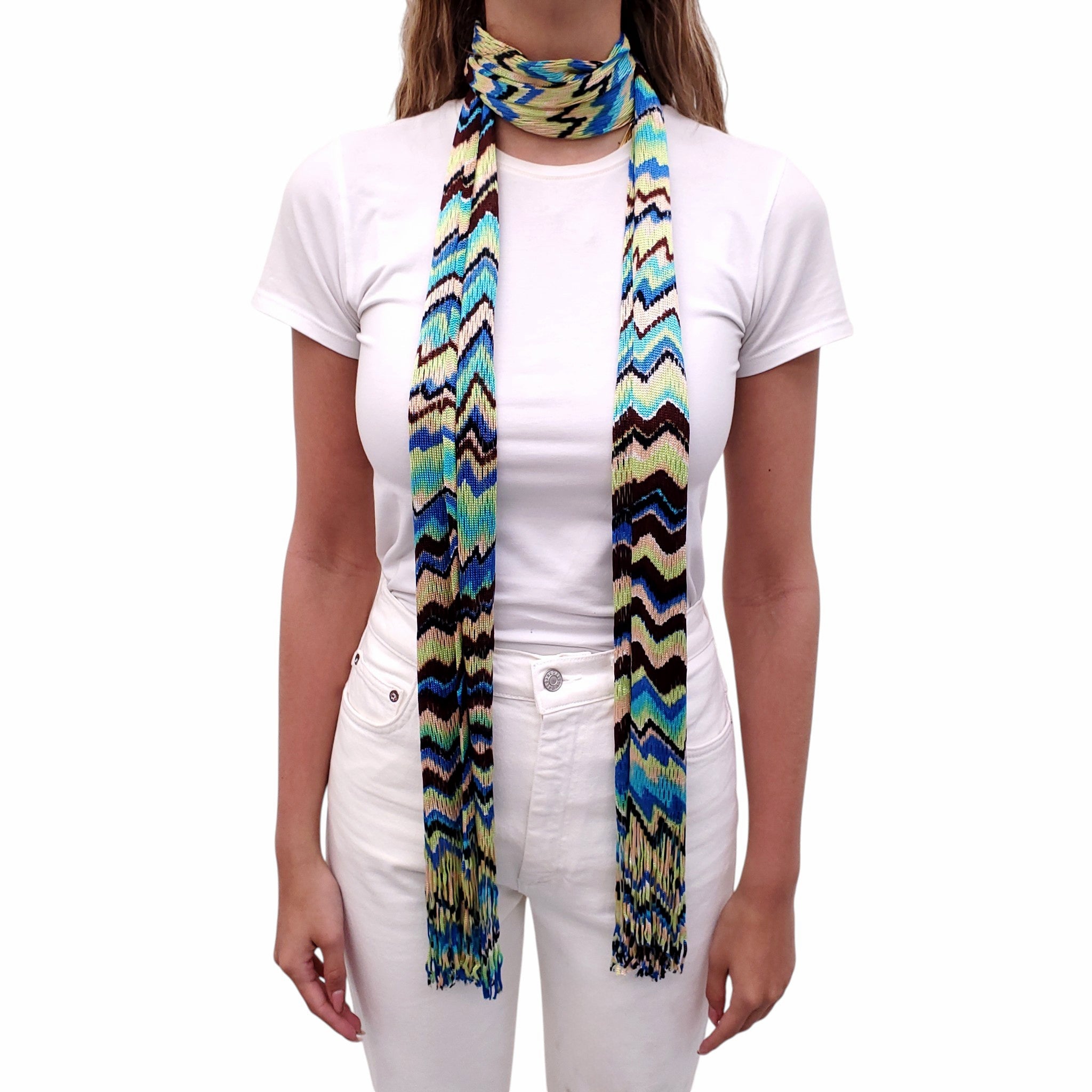 MISSONI BLUE, YELLOW, AND GREEN ZIGZAG PATTERNED SCARF