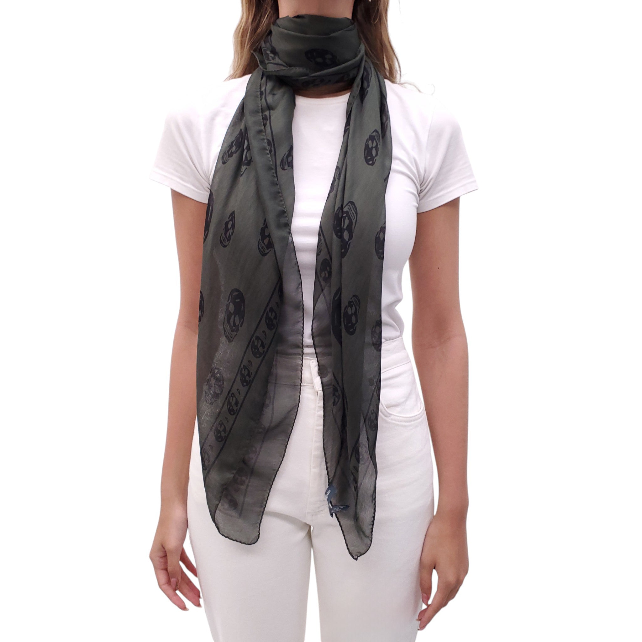 ALEXANDER MCQUEEN DARK GREEN SKULL PATTERNED SCARF