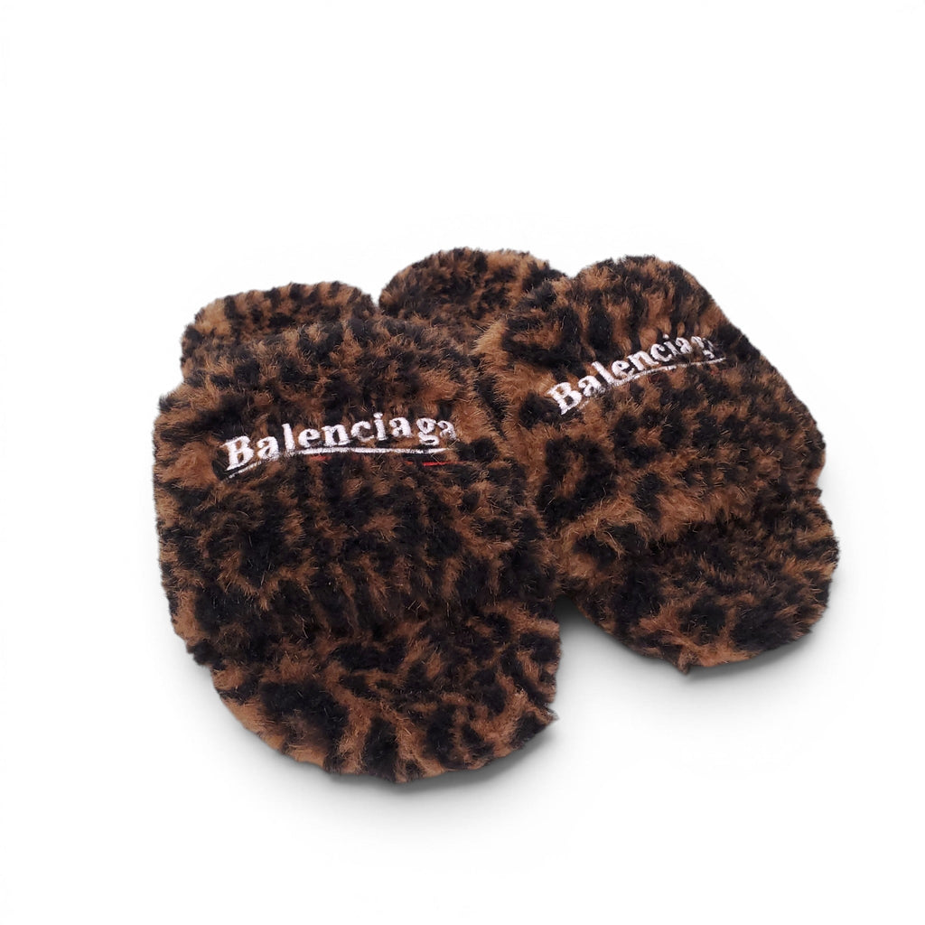 BALENCIAGA LEOPARD SHEARLING COZY SLIDES - SIZE 39