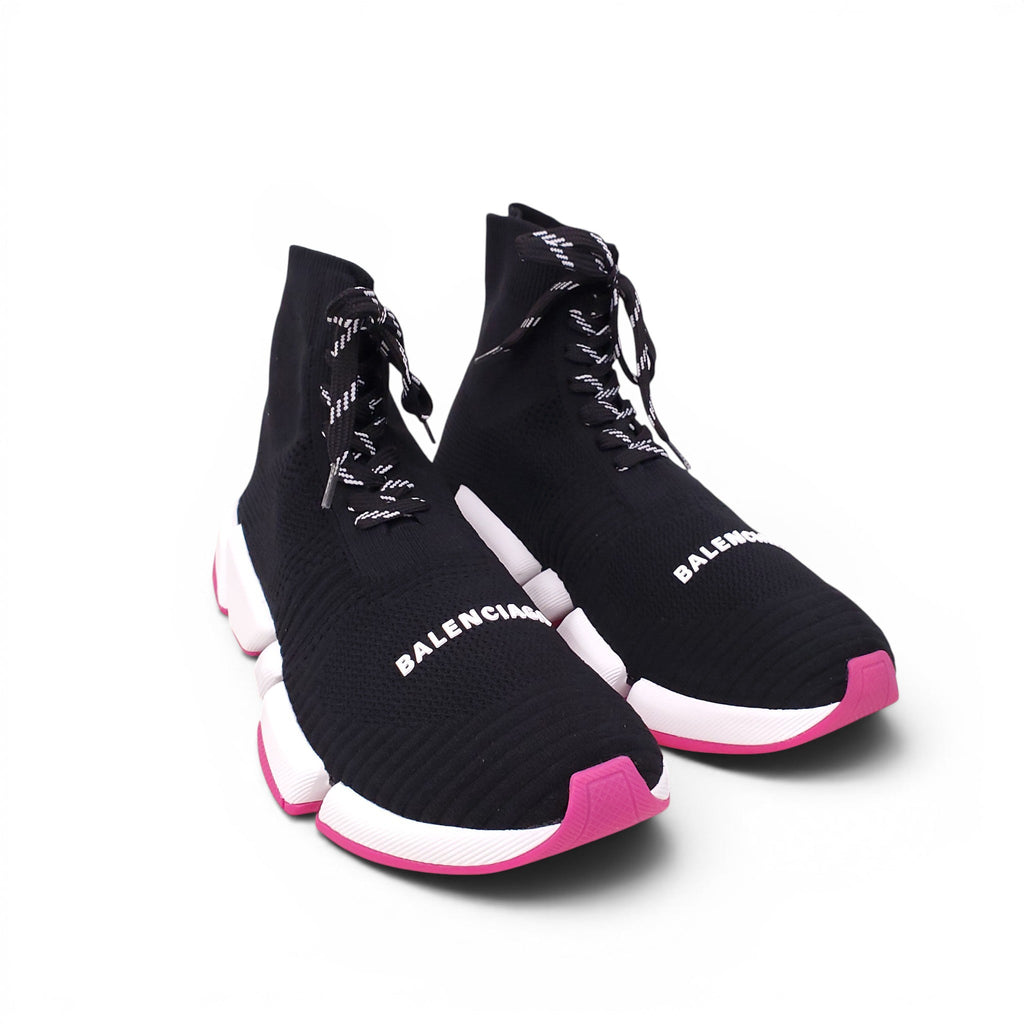 BALENCIAGA BLACK AND NEON ROSE SPEED 2.0 LACE-UP SNEAKERS - SIZE 39