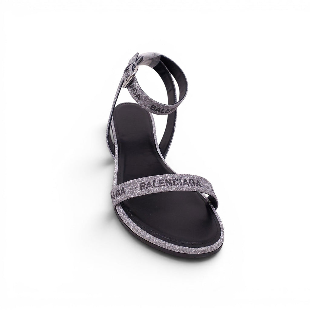 BALENCIAGA SILVER GLITTER ROUND SANDALS - SIZE 39