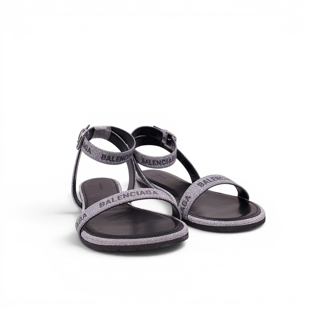 BALENCIAGA SILVER GLITTER ROUND SANDALS - SIZE 39