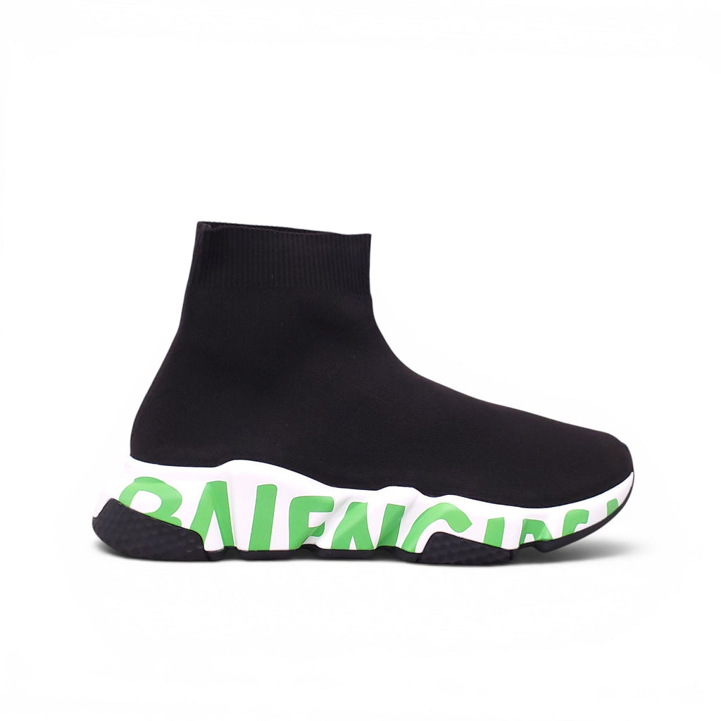 BALENCIAGA BLACK AND FLUORESCENT GREEN KNIT SPEED LT GRAFFITI SNEAKERS - SIZE 40
