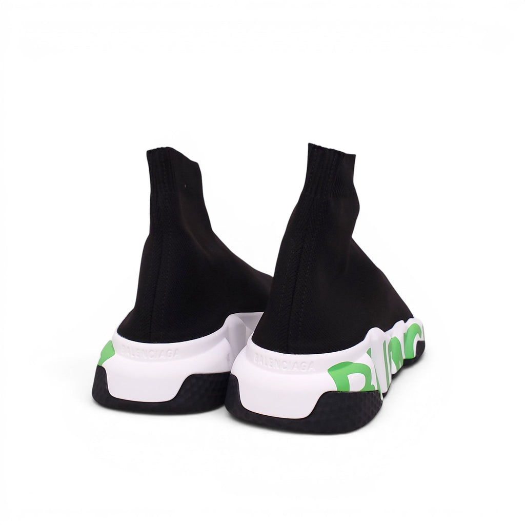 BALENCIAGA BLACK AND FLUORESCENT GREEN KNIT SPEED LT GRAFFITI SNEAKERS - SIZE 40