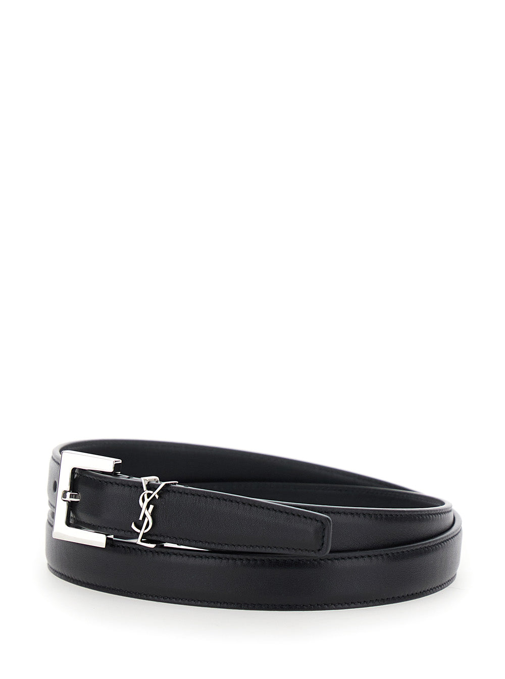 Saint Laurent Women Belt With Cassandre Plate On The Front And Square Buckle In Black Leather For Women