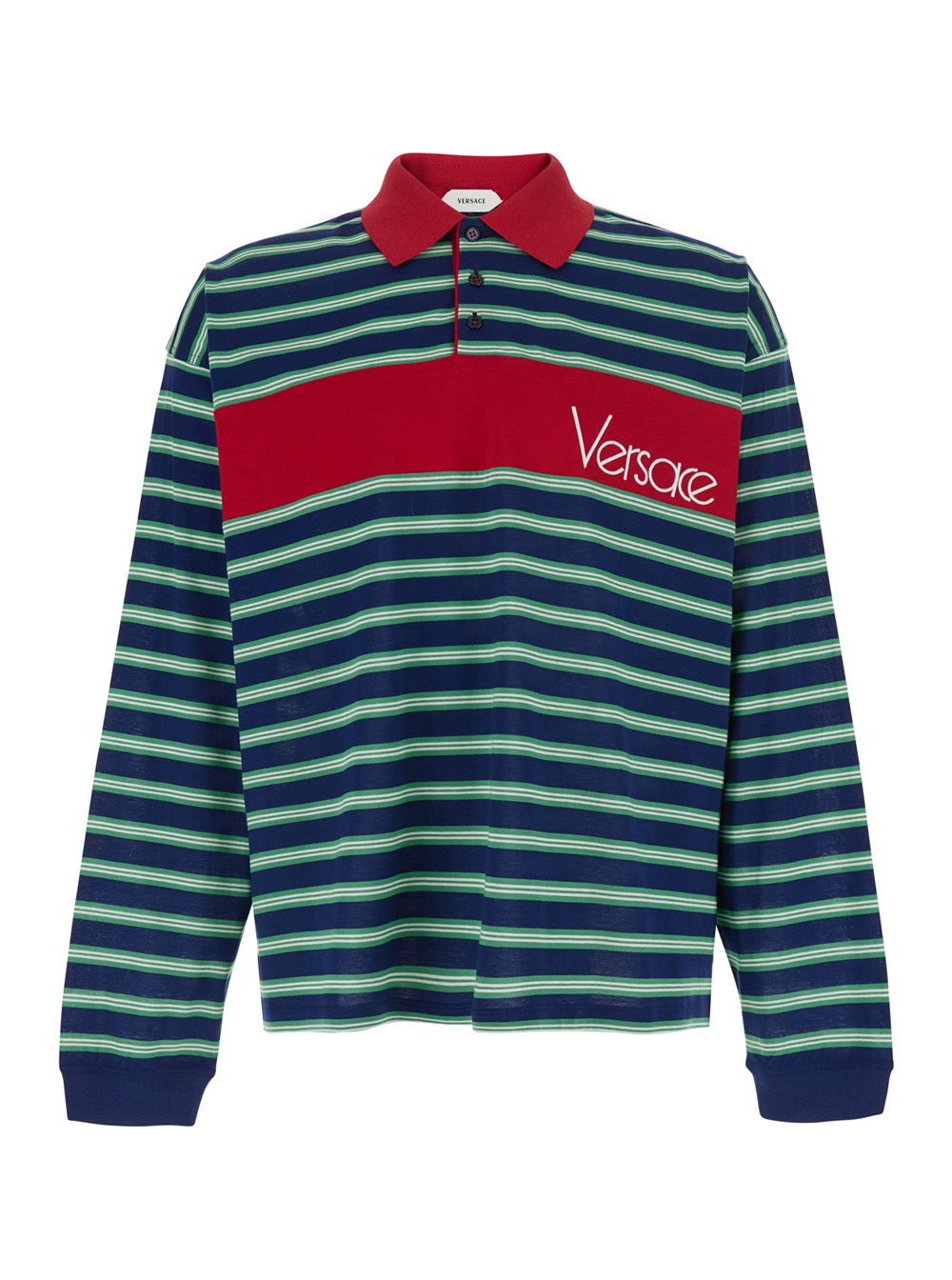Versace Men Blue And Red Polo With Striped Motif And Logo Lettering On The Front In Cotton For Men
