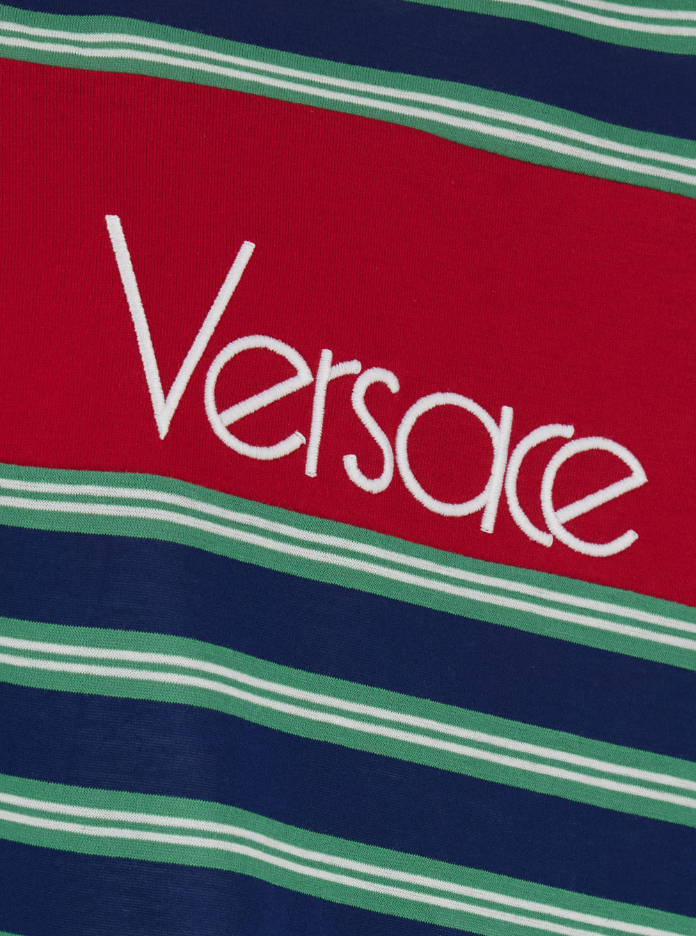 Versace Men Blue And Red Polo With Striped Motif And Logo Lettering On The Front In Cotton For Men