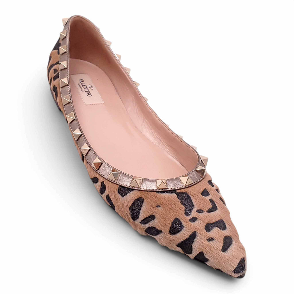 VALENTINO LEOPARD PONYHAIR ROCKSTUD FLATS - SIZE 40