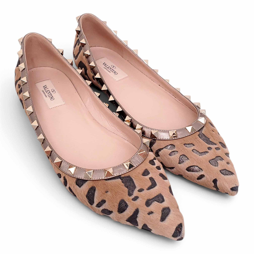 VALENTINO LEOPARD PONYHAIR ROCKSTUD FLATS - SIZE 40