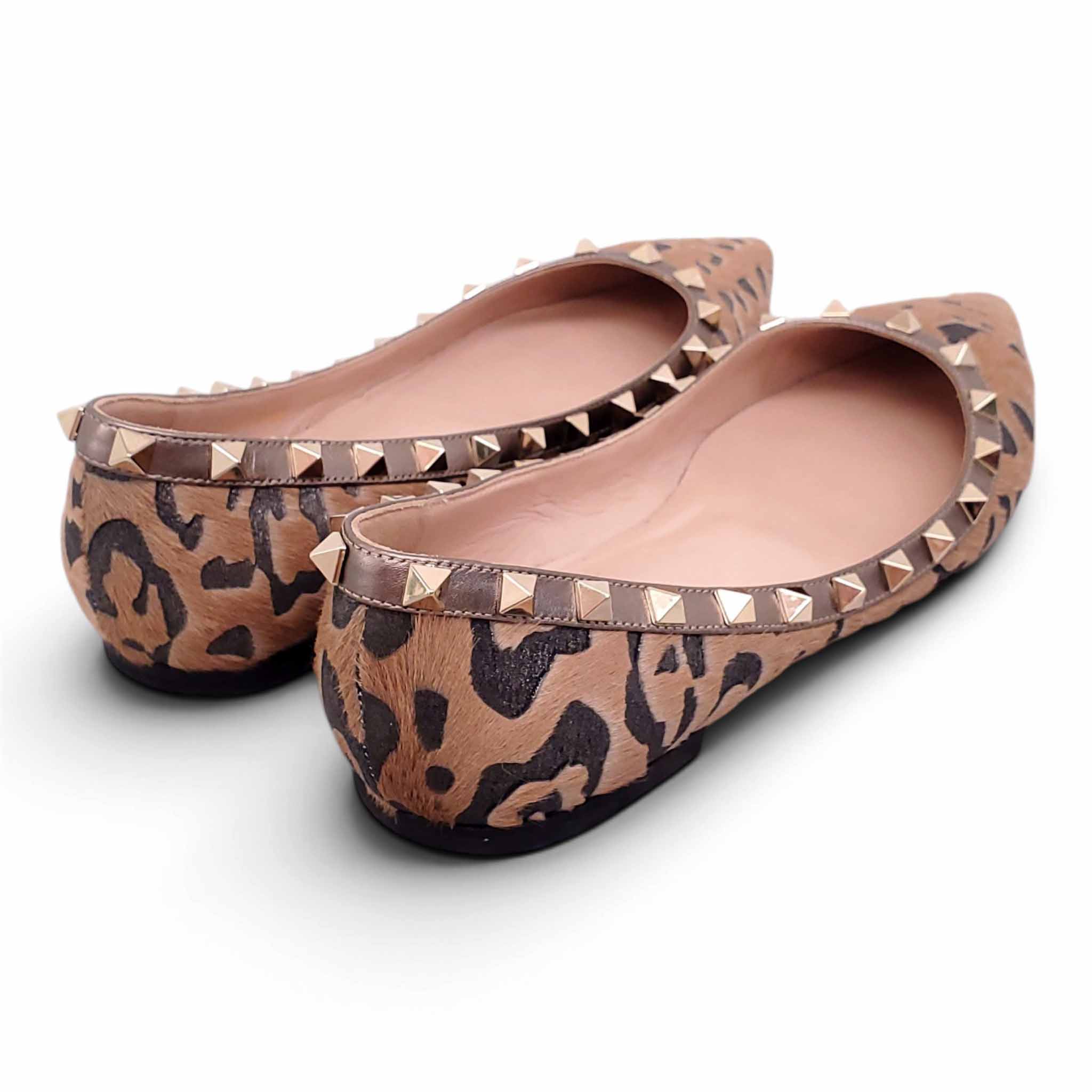 VALENTINO LEOPARD PONYHAIR ROCKSTUD FLATS - SIZE 40
