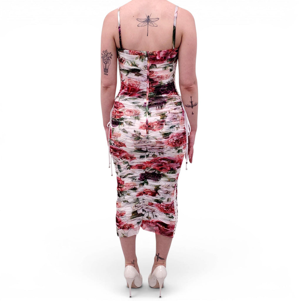 DOLCE & GABBANA WHITE RUCHED MESH MIDI DRESS WITH FLORAL DETAIL - SIZE 44
