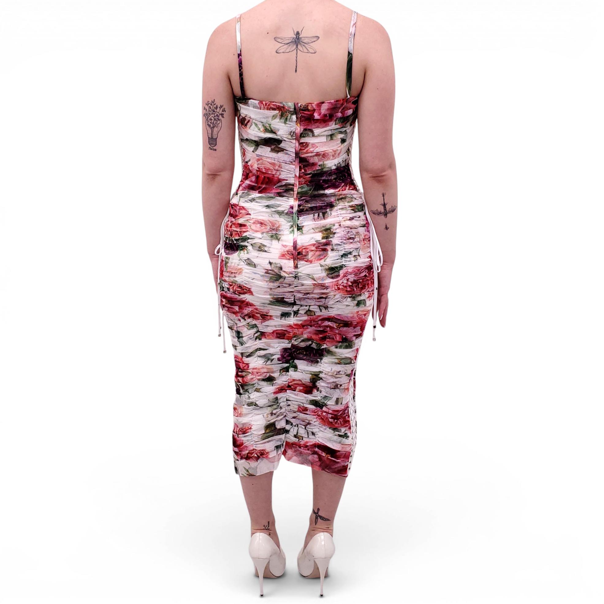 DOLCE & GABBANA WHITE RUCHED MESH MIDI DRESS WITH FLORAL DETAIL - SIZE 44