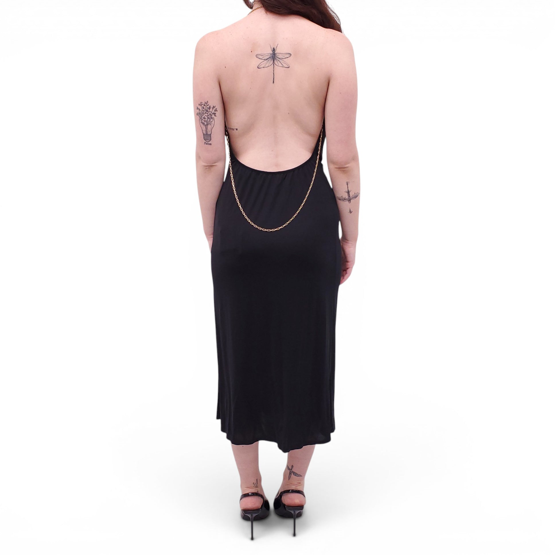 LOEWE BLACK DRAPED DRESS WITH GOLD CHAIN DETAIL - SIZE 36