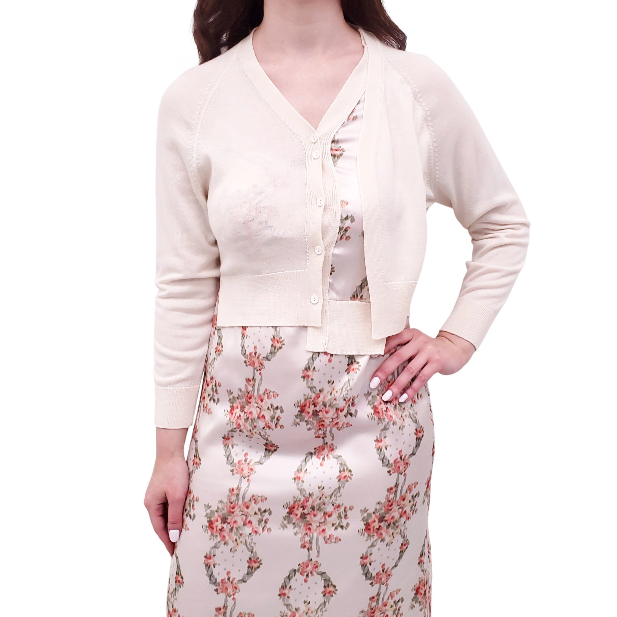 SIMONE ROCHA CREAM FLORAL SLIP DRESS WITH MATCHING CARDIGAN - SIZE XS