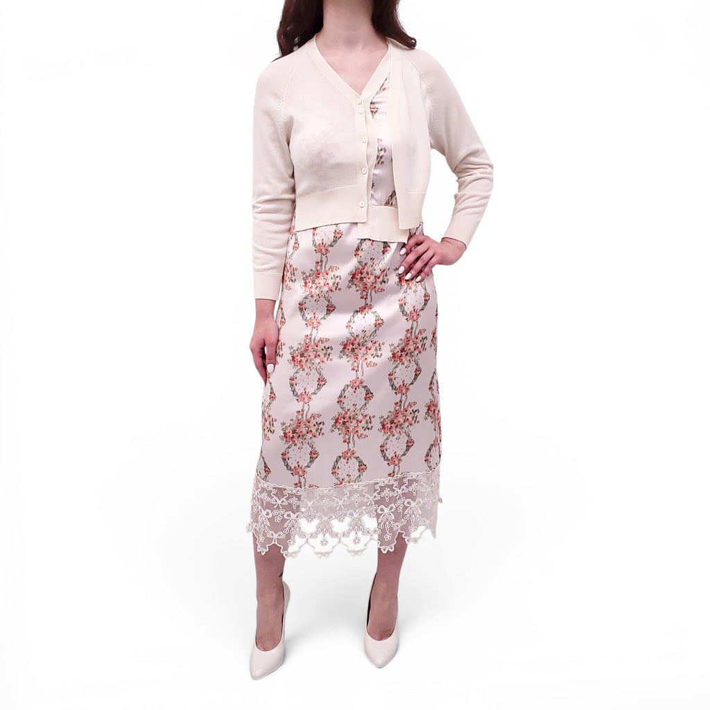 SIMONE ROCHA CREAM FLORAL SLIP DRESS WITH MATCHING CARDIGAN - SIZE XS