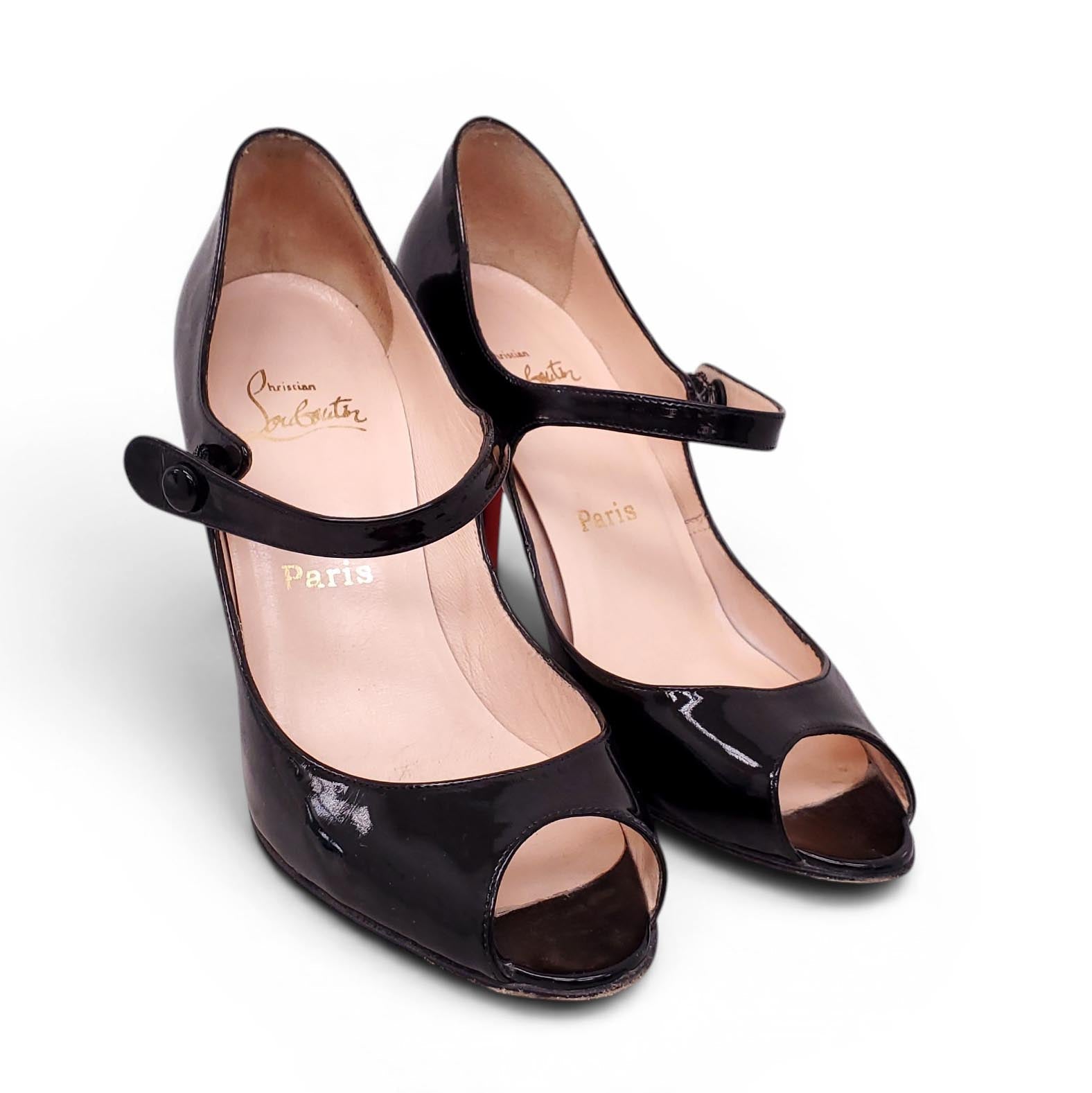 CHRISTIAN LOUBOUTIN BLACK PATENT MARY JANE HEELS - SIZE 38