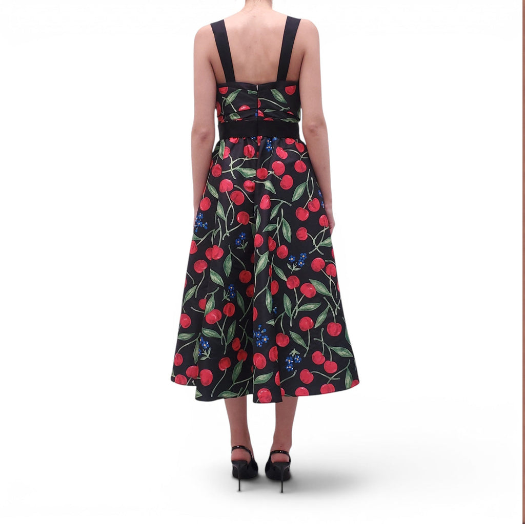 CAROLINA HERRERA BLACK CHERRY PATTERNED DRESS - SIZE 8