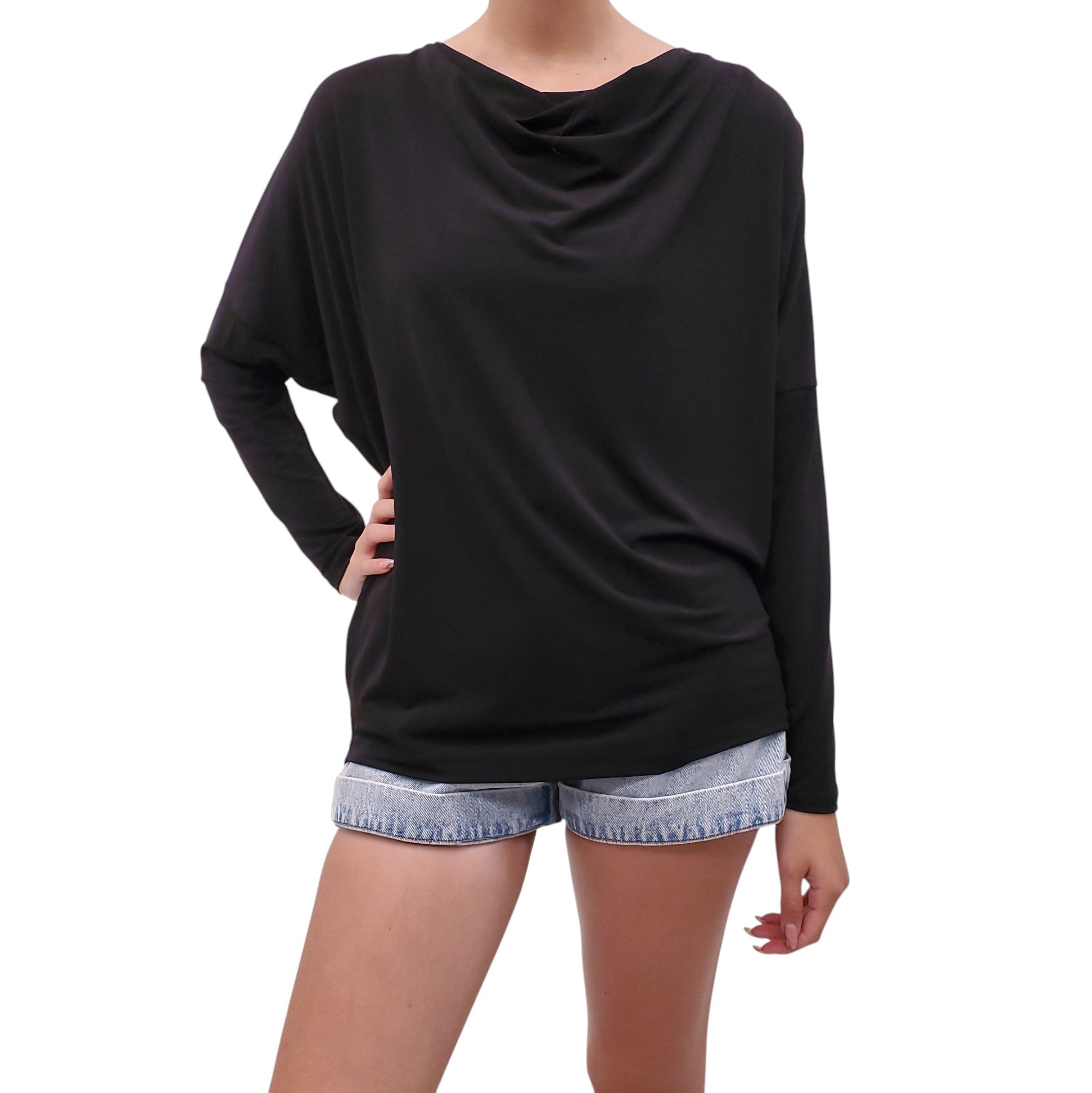 ISSEY MIYAKE BLACK DRAPED BLOUSE - SIZE 2/S