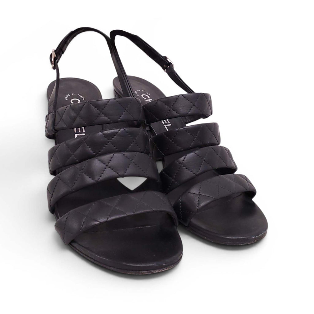 CHANEL QUILTED BLACK LEATHER BLOCK HEELS - SIZE 39.5