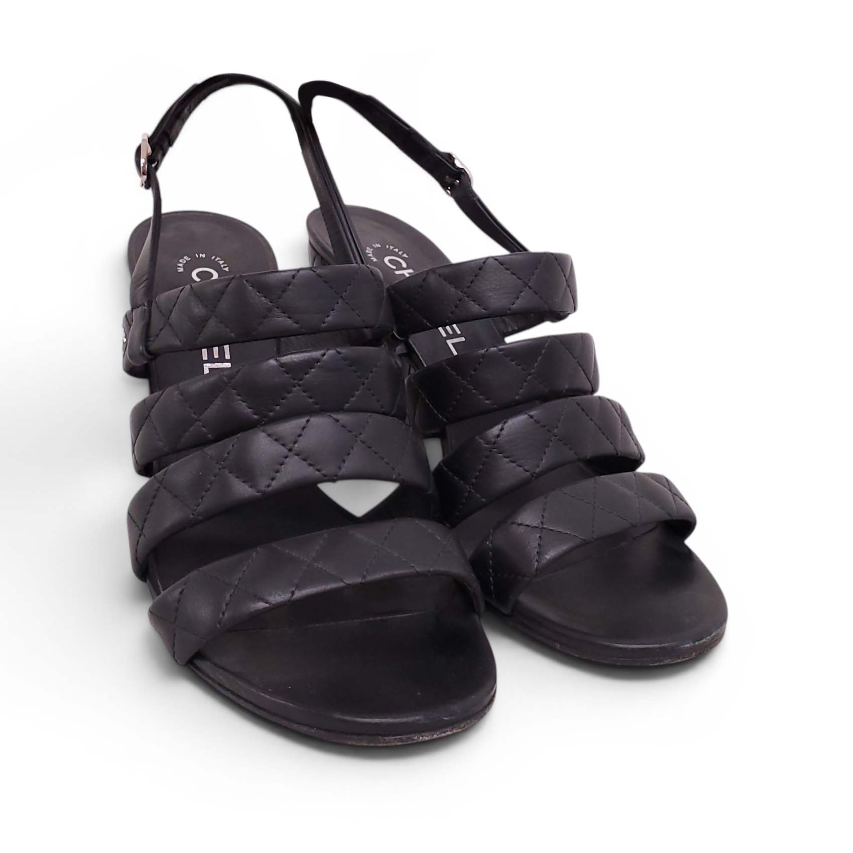 CHANEL QUILTED BLACK LEATHER BLOCK HEELS - SIZE 39.5