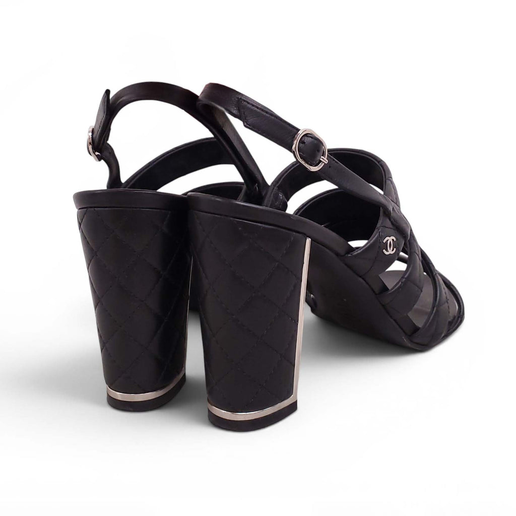 CHANEL QUILTED BLACK LEATHER BLOCK HEELS - SIZE 39.5