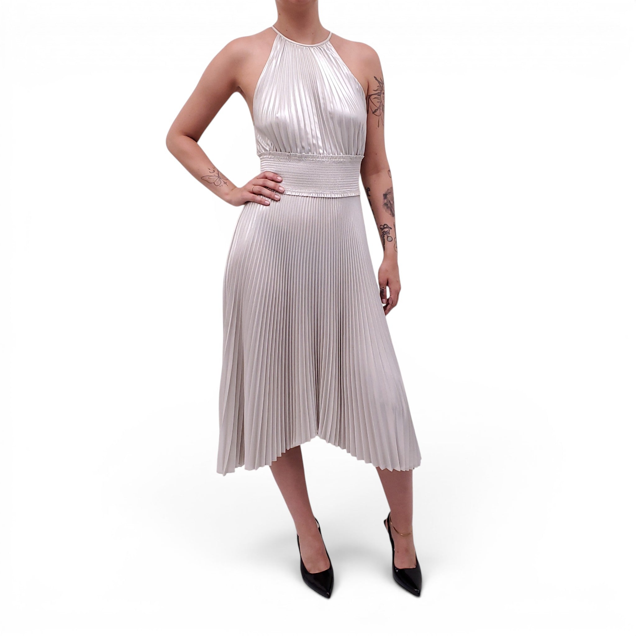 A.L.C. SILVER PLEATED HALTER DRESS - SIZE 2