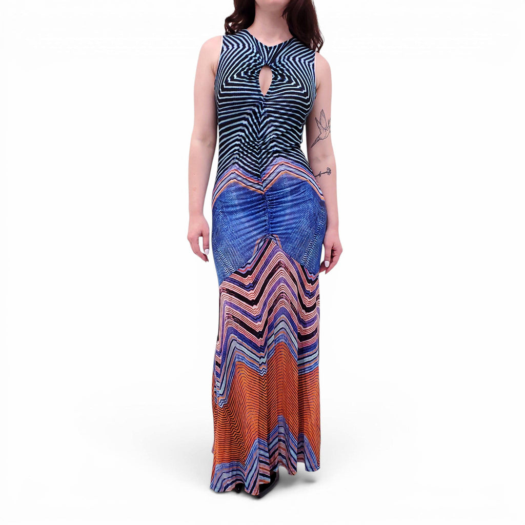 ULLA JOHNSON BLUE PATTERNED CUTOUT MAXI DRESS - SIZE M