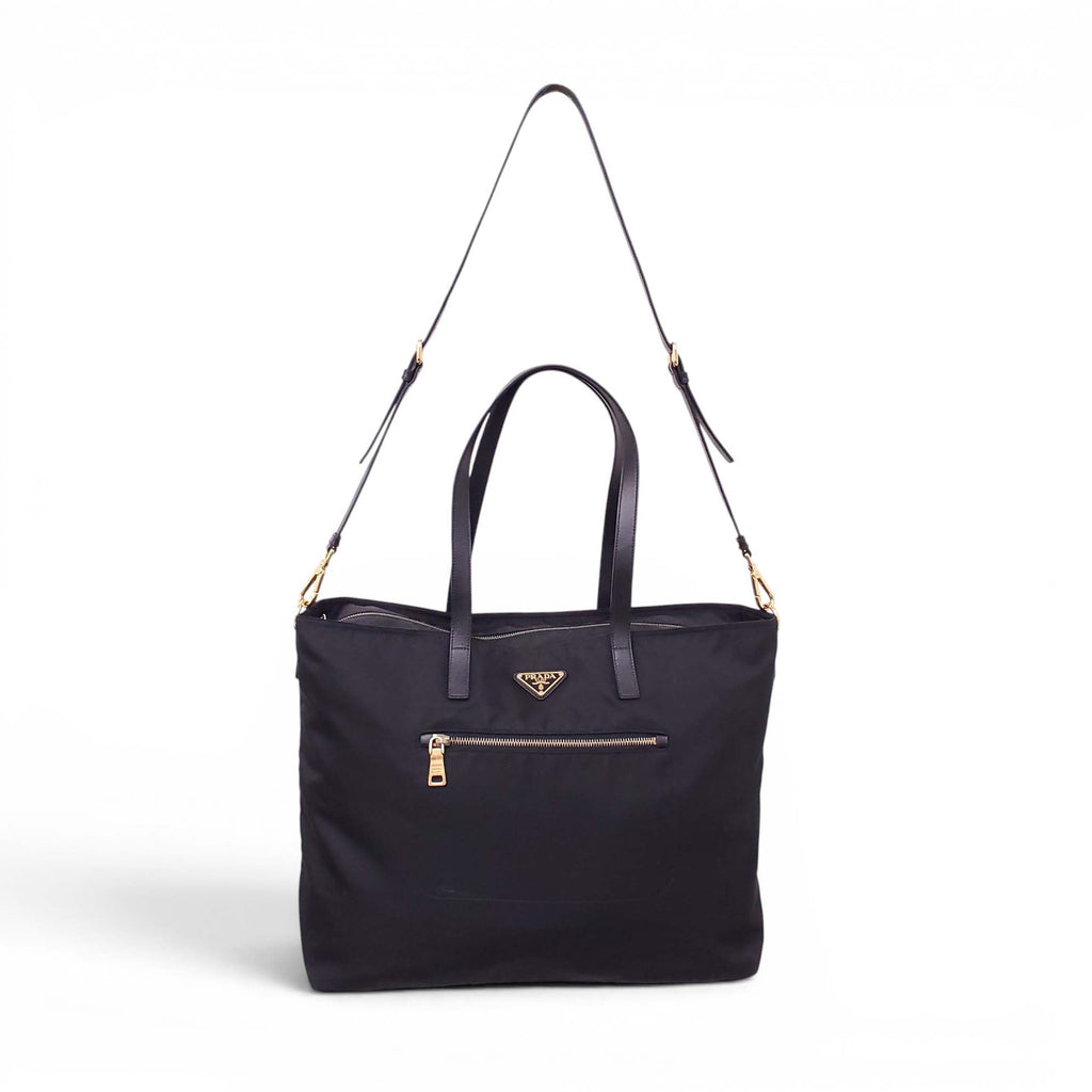 PRADA BLACK NYLON TOTE BAG WITH CROSSBODY STRAP