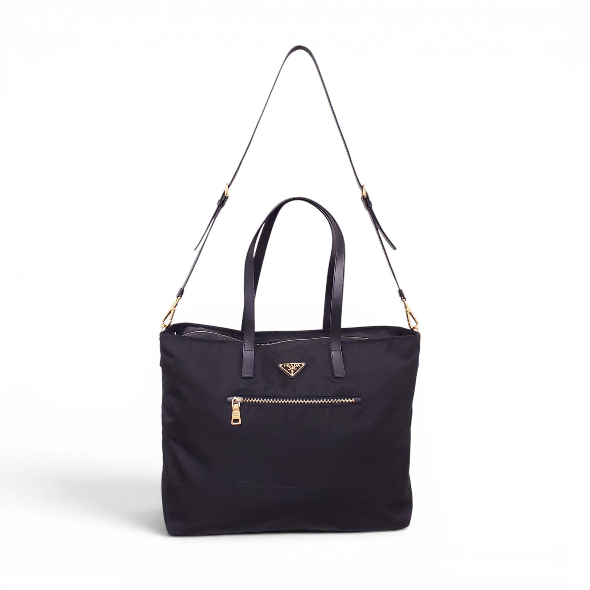PRADA BLACK NYLON TOTE BAG WITH CROSSBODY STRAP