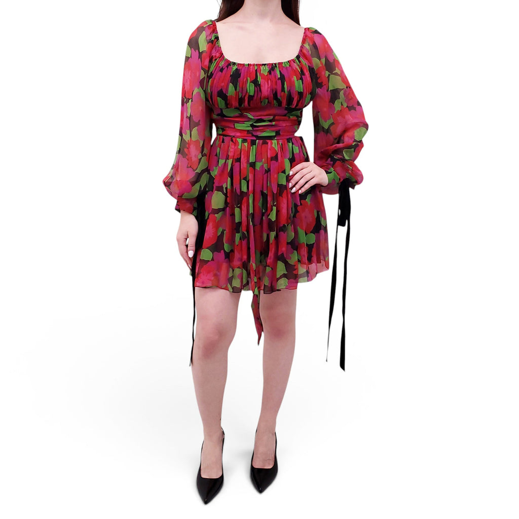 SAINT LAURENT PINK AND GREEN FLORAL MINI DRESS - SIZE 40