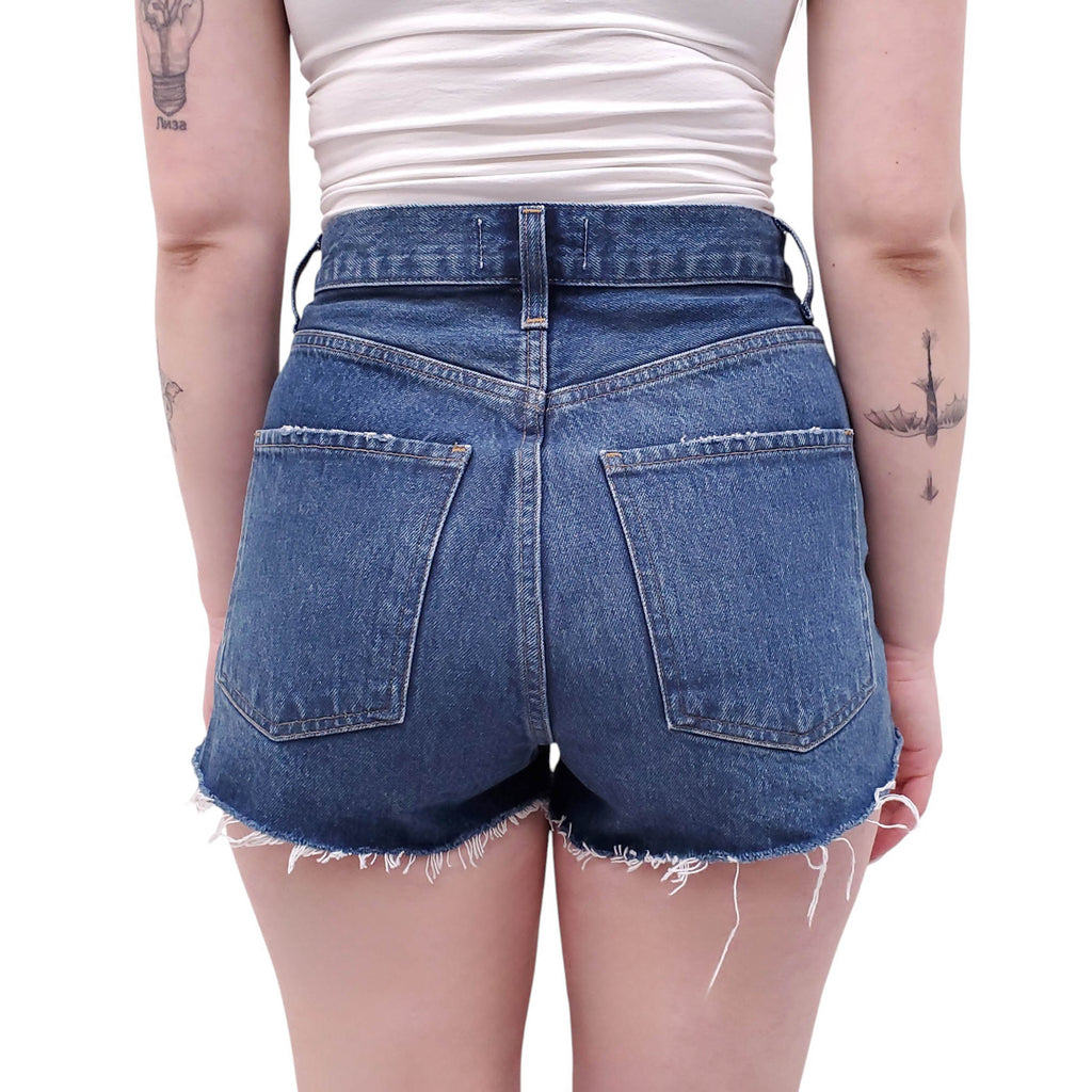 AGOLDE MEDIUM WASH BUTTON-UP DENIM SHORTS - SIZE 25