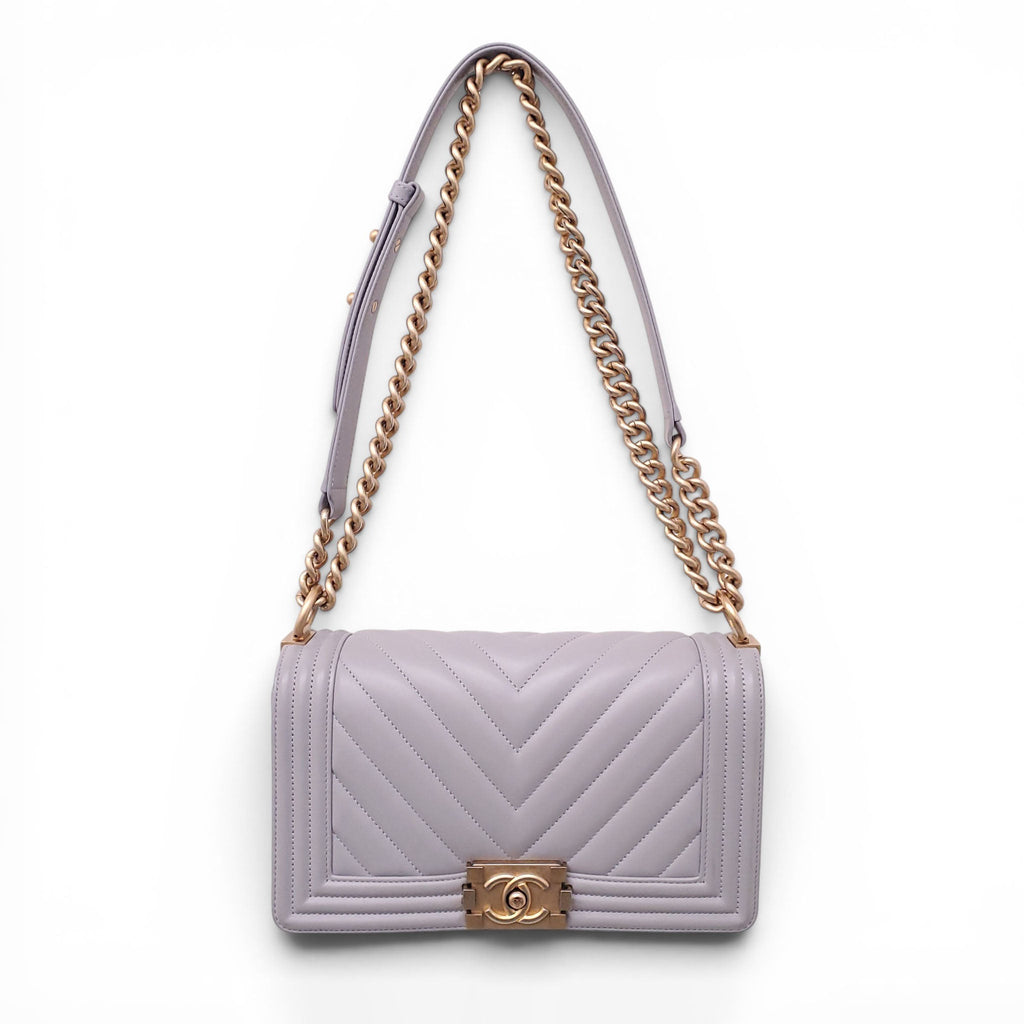 CHANEL GREY LEATHER CHEVRON BOY BAG
