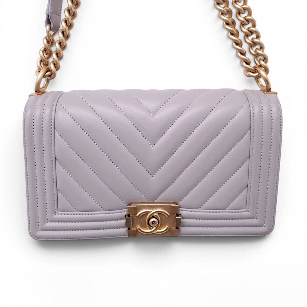 CHANEL GREY LEATHER CHEVRON BOY BAG