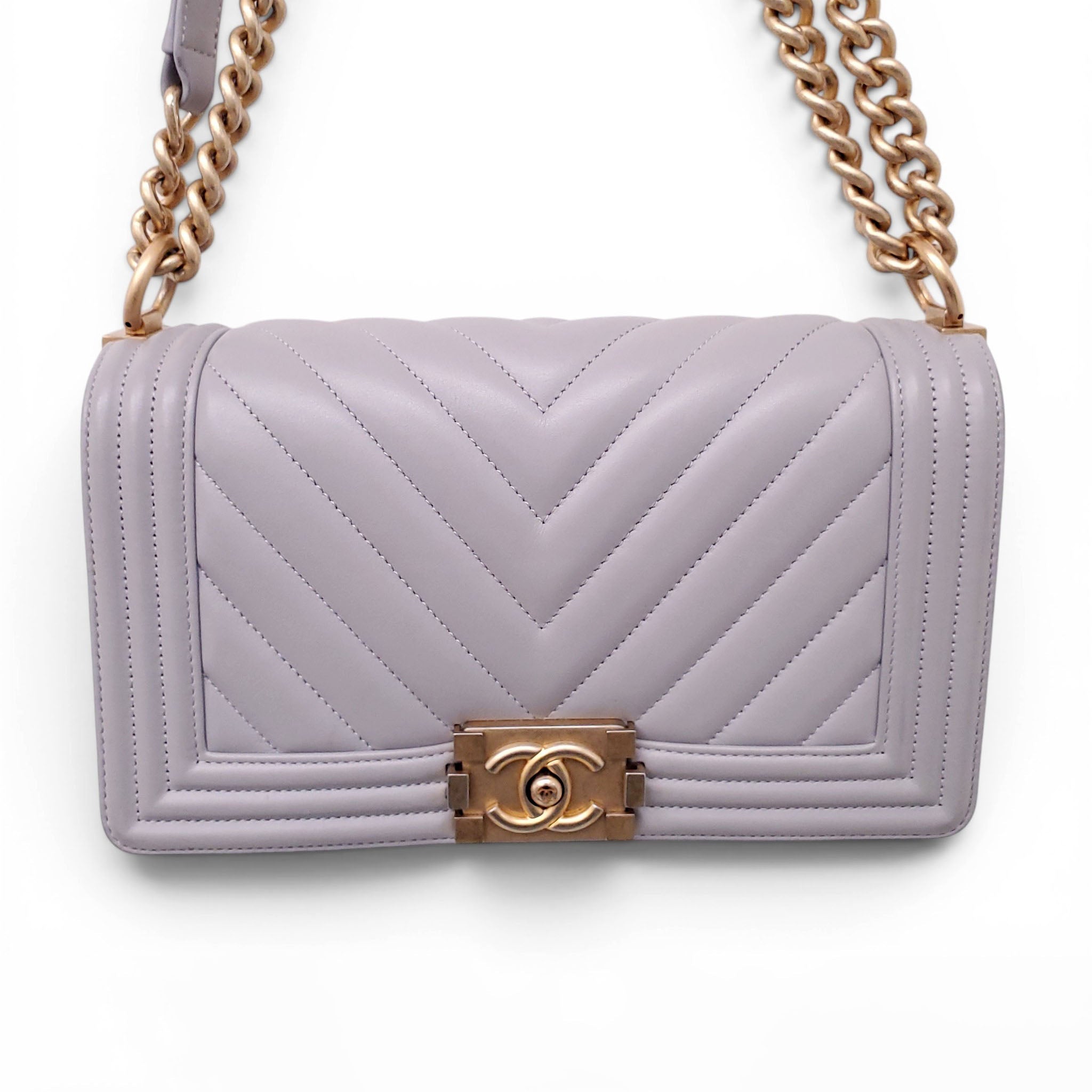 CHANEL GREY LEATHER CHEVRON BOY BAG