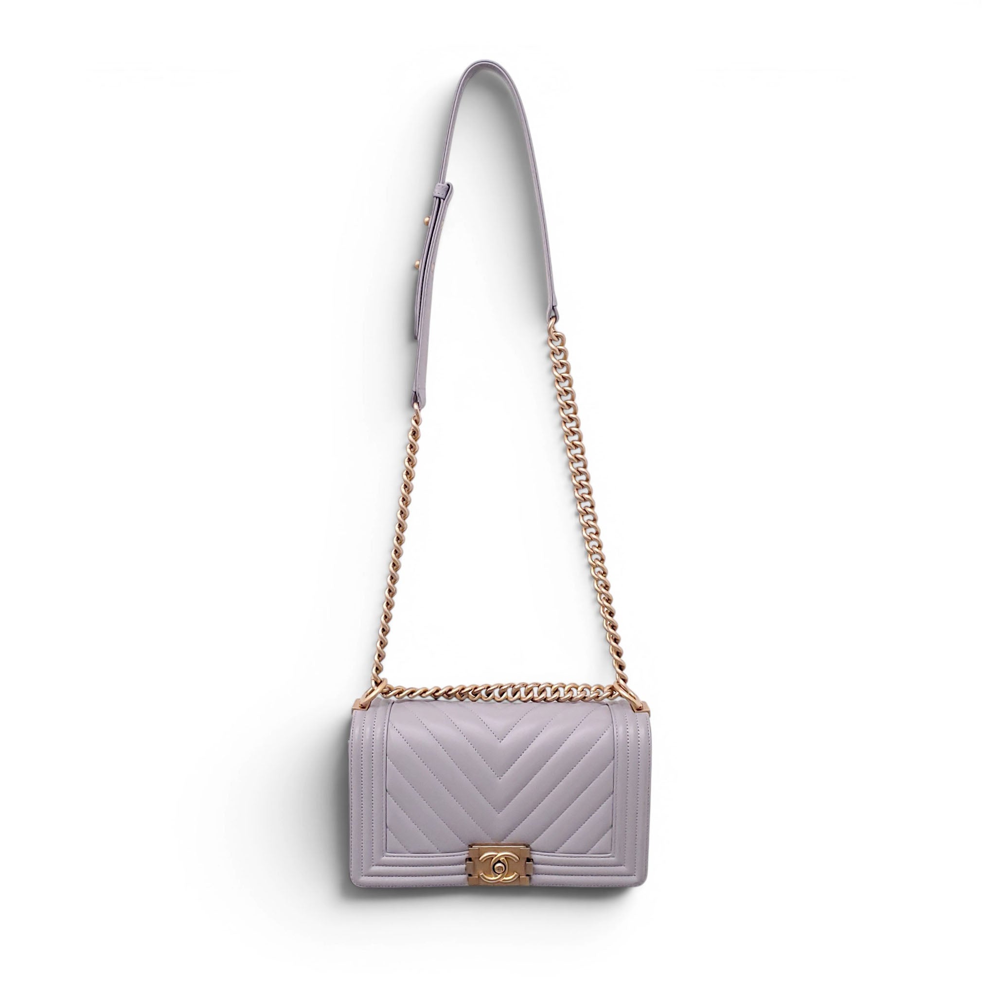 CHANEL GREY LEATHER CHEVRON BOY BAG