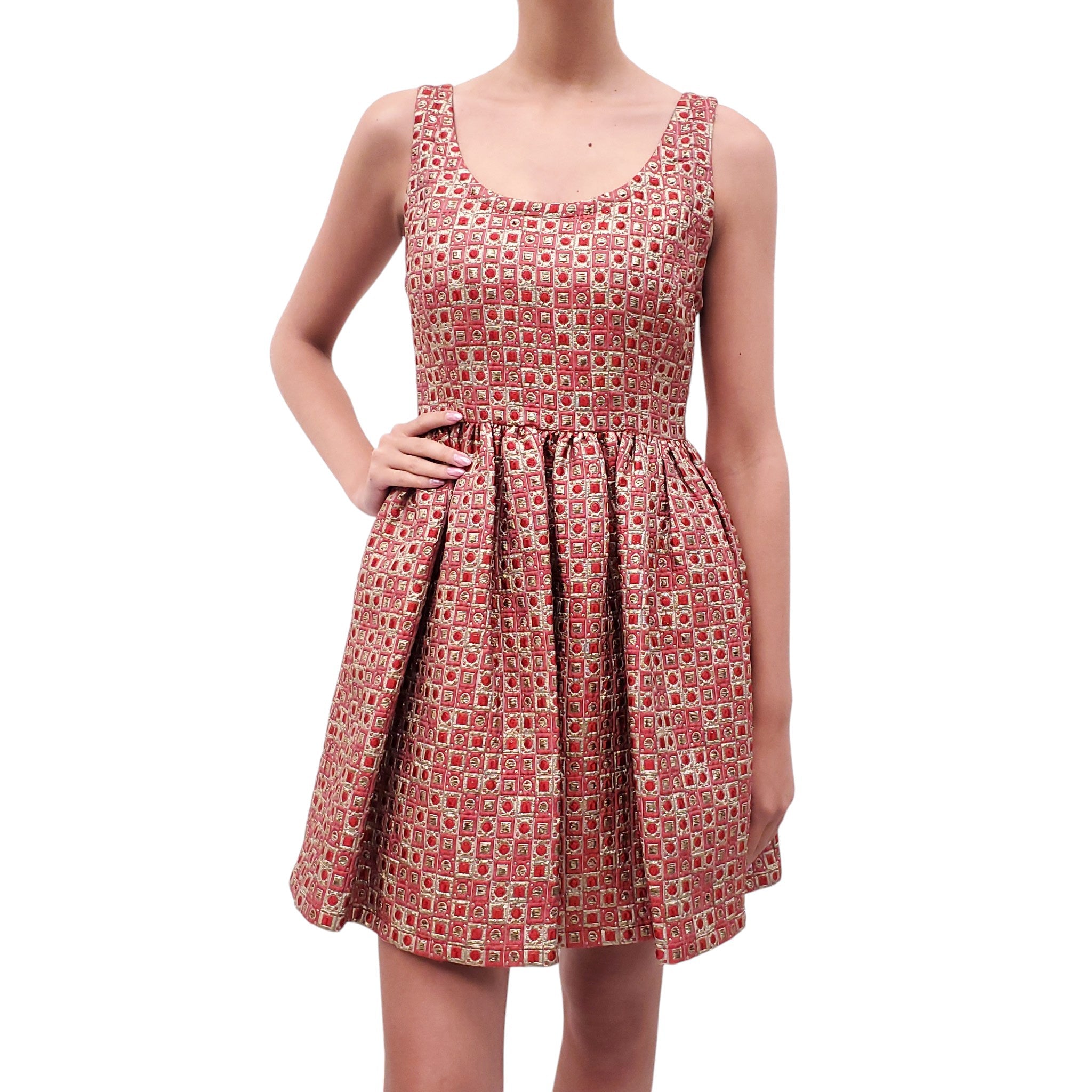 MIU MIU RED AND GOLD PATTERNED A-LINE DRESS - SIZE 44