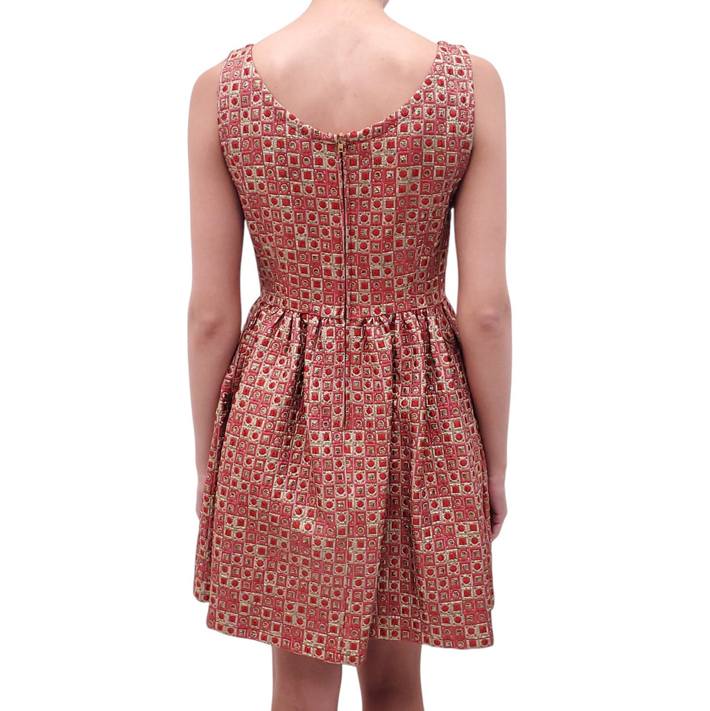 MIU MIU RED AND GOLD PATTERNED A-LINE DRESS - SIZE 44