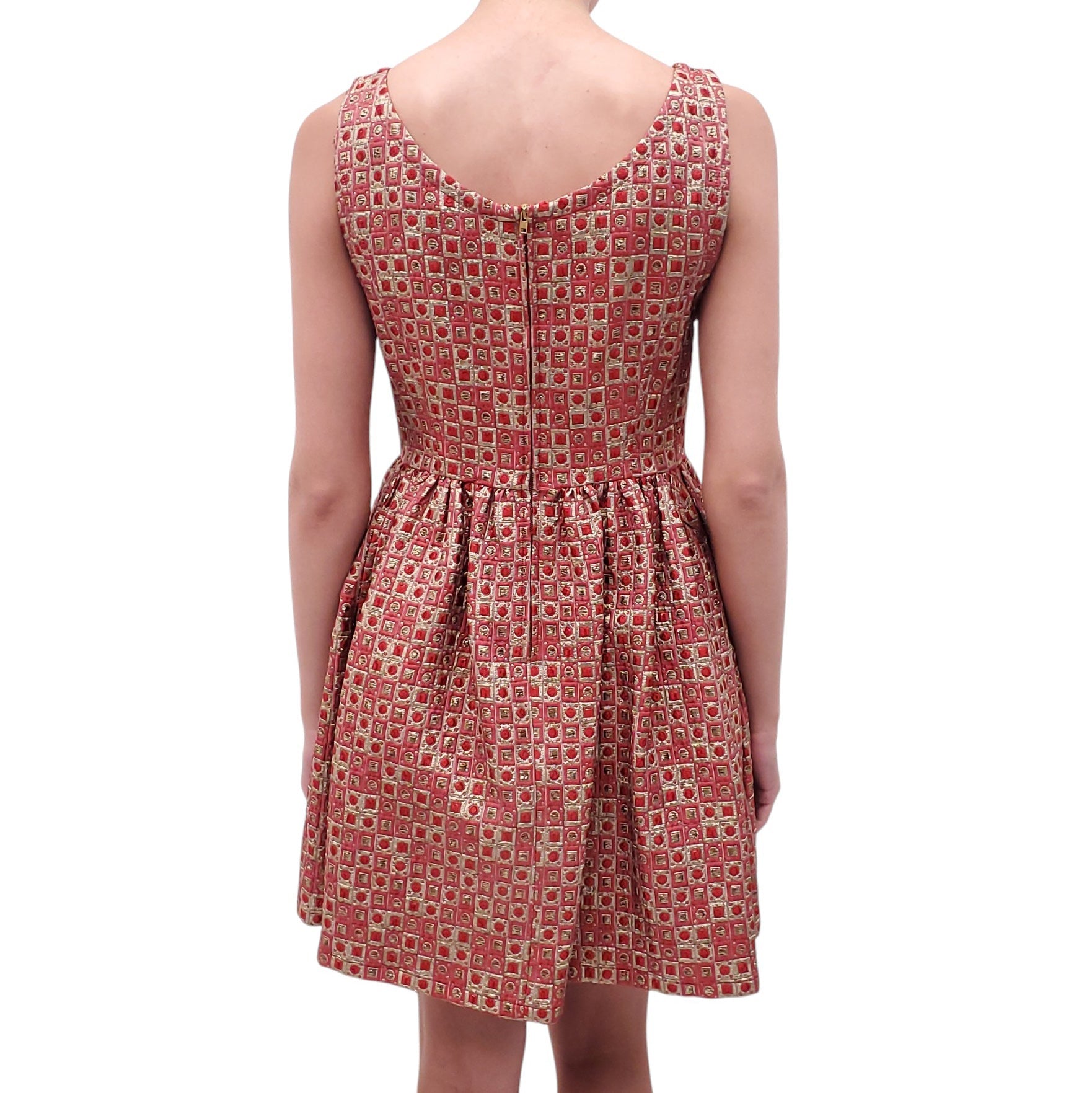 MIU MIU RED AND GOLD PATTERNED A-LINE DRESS - SIZE 44
