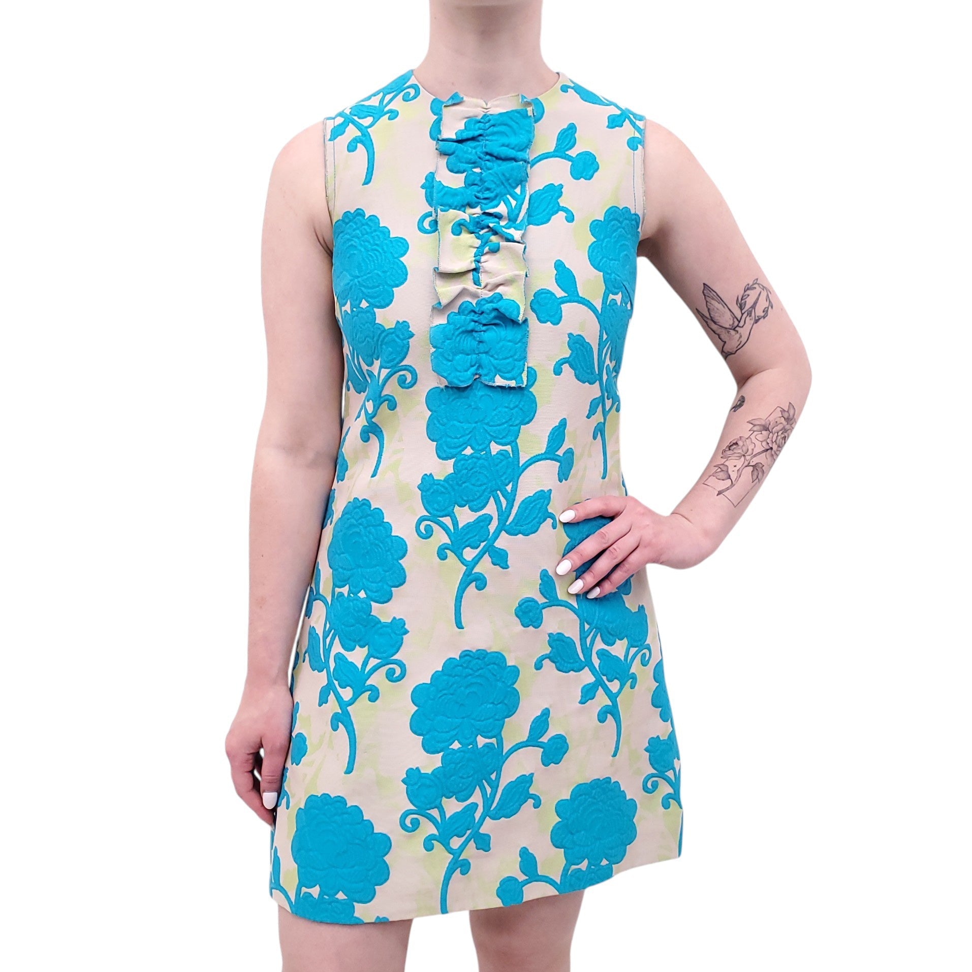 MIU MIU CREAM AND BLUE EMBOSSED FLORAL DRESS - SIZE 40
