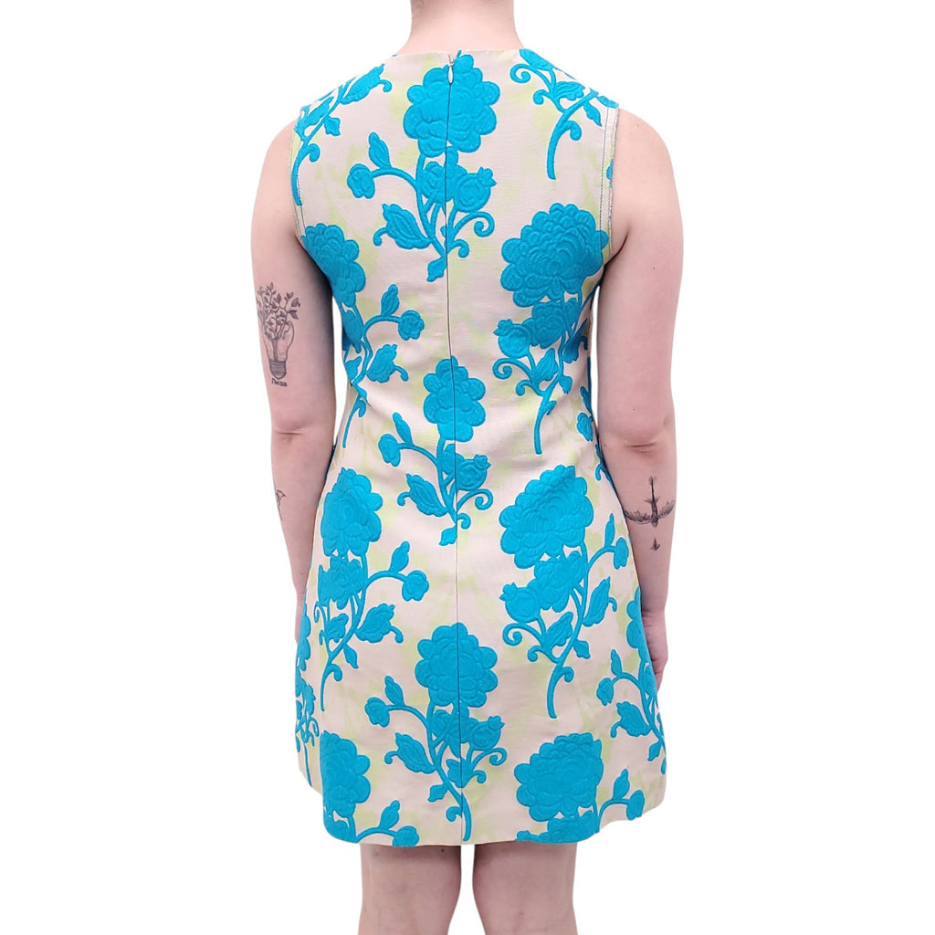 MIU MIU CREAM AND BLUE EMBOSSED FLORAL DRESS - SIZE 40