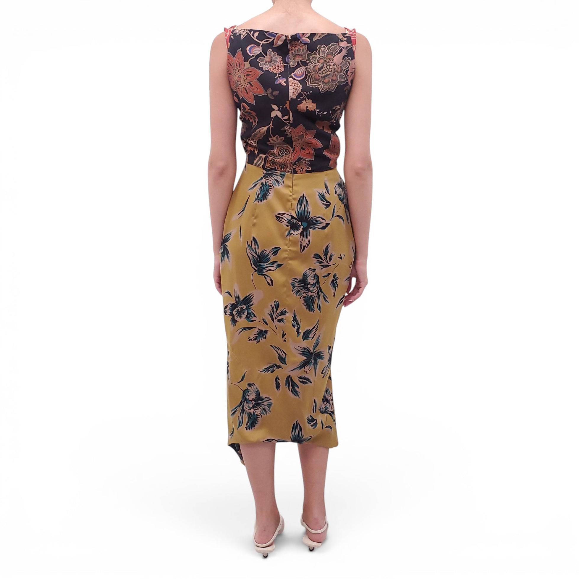 VIVIENNE WESTWOOD RED AND YELLOW FLORAL PATTERNED DRAPED DRESS - SIZE 42