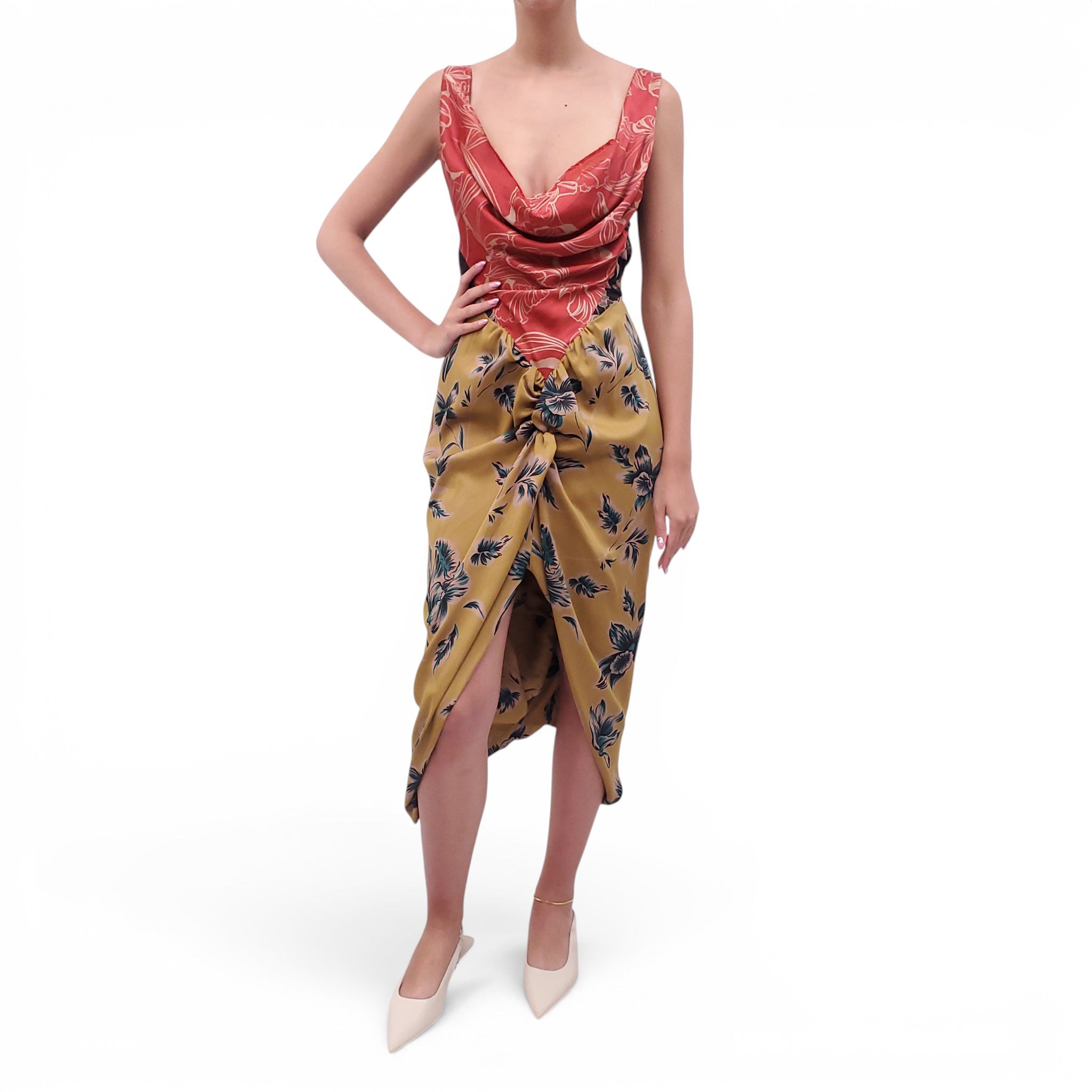 VIVIENNE WESTWOOD RED AND YELLOW FLORAL PATTERNED DRAPED DRESS - SIZE 42