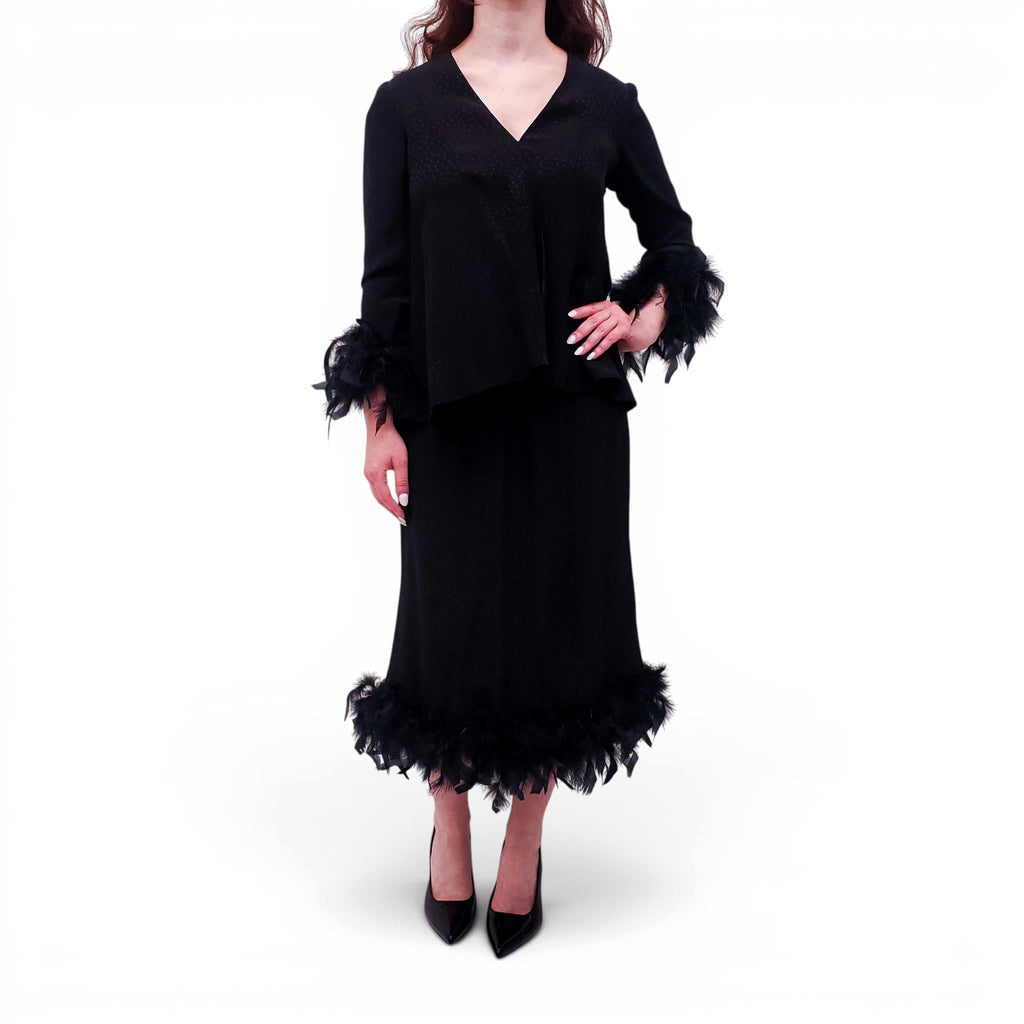 VINTAGE BLACK POLKA DOT FEATHER JACKET AND SKIRT SUIT